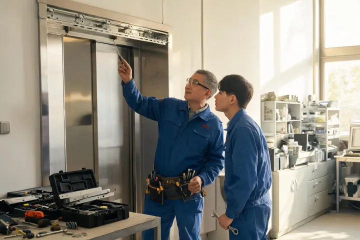Apprentice technician learning elevator door adjustment