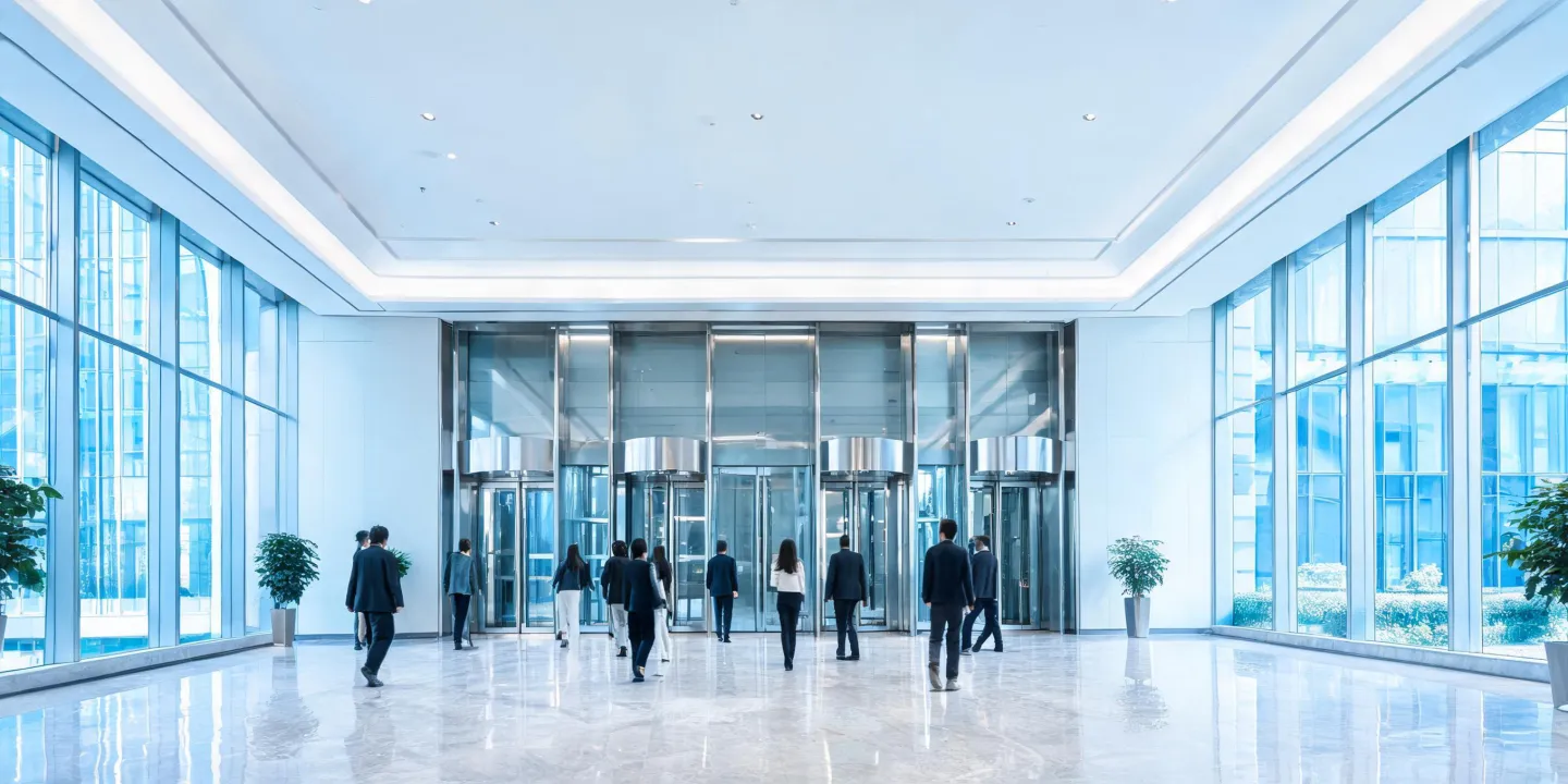 Modern office lobby with Kone elevator bank and glass facades