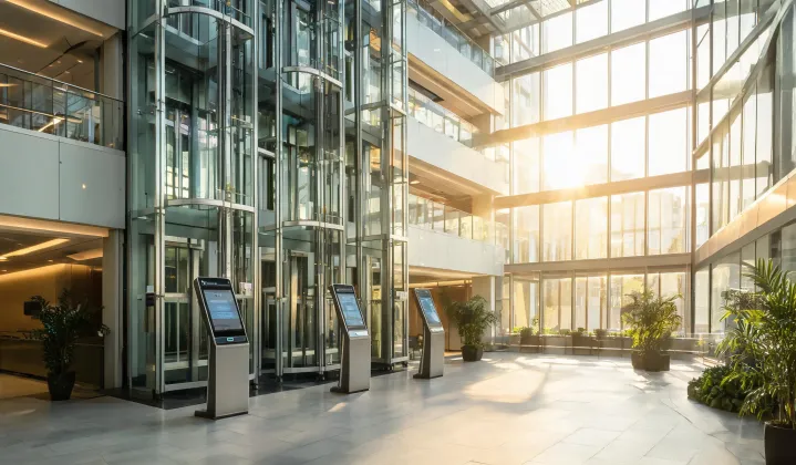 Glass elevator bank in corporate office atrium