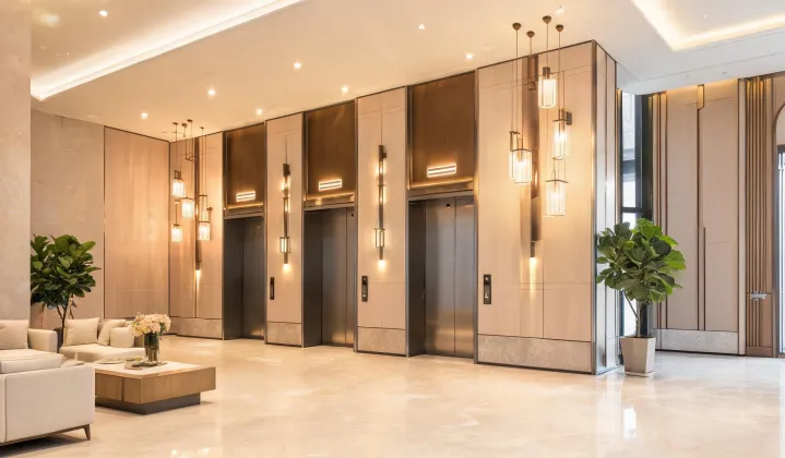 Residential tower lobby with warm elevator entrances